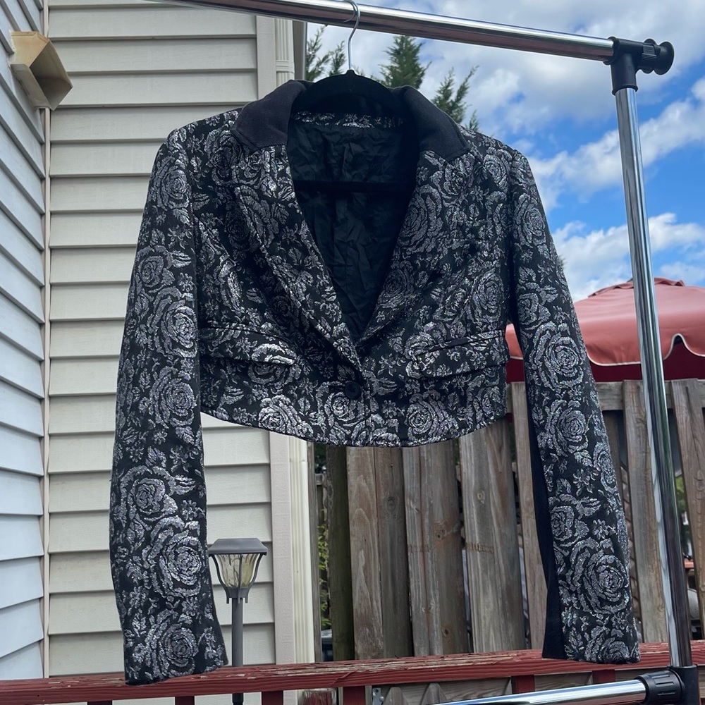 silver embroidered flower cropped blazer/ suit jacket